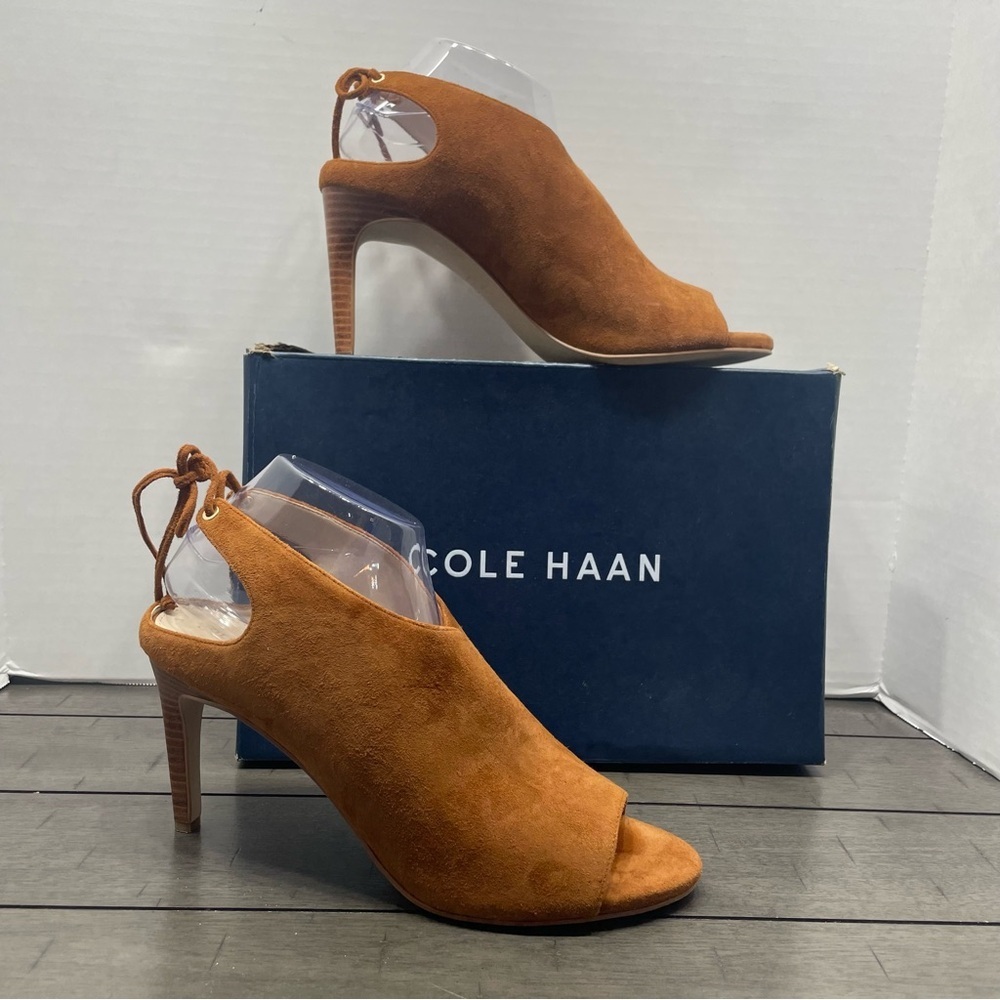 Cole Haan Women's Tan Suede Heeled Sandals. Size 10.5. Pre-owned. Emmett bootie.